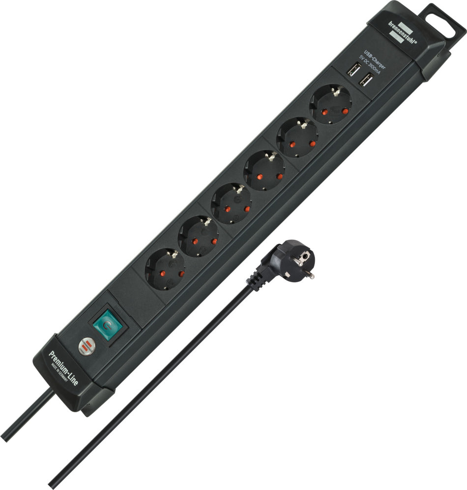 Premium-Line Steckdosenleiste 6-fach mit Schalter und Aufhänge-Vorrichtung (Mehrfachsteckdose mit 3m Kabel und 2x USB, max. 3100mA, Steckdosenleiste Wandmontage, Made in Germany)