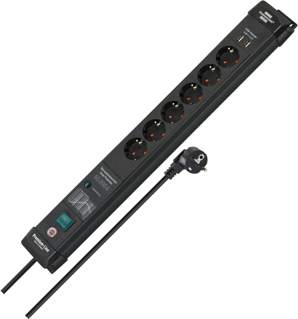 Premium-Line Steckdosenleiste 6-fach mit Überspannungsschutz bis zu 60.000 A (Mehrfachsteckdose mit 3m Kabel, Schalter und 2x USB max. 3.10A, Steckdosenleiste Wandmontage, Made in Germany)